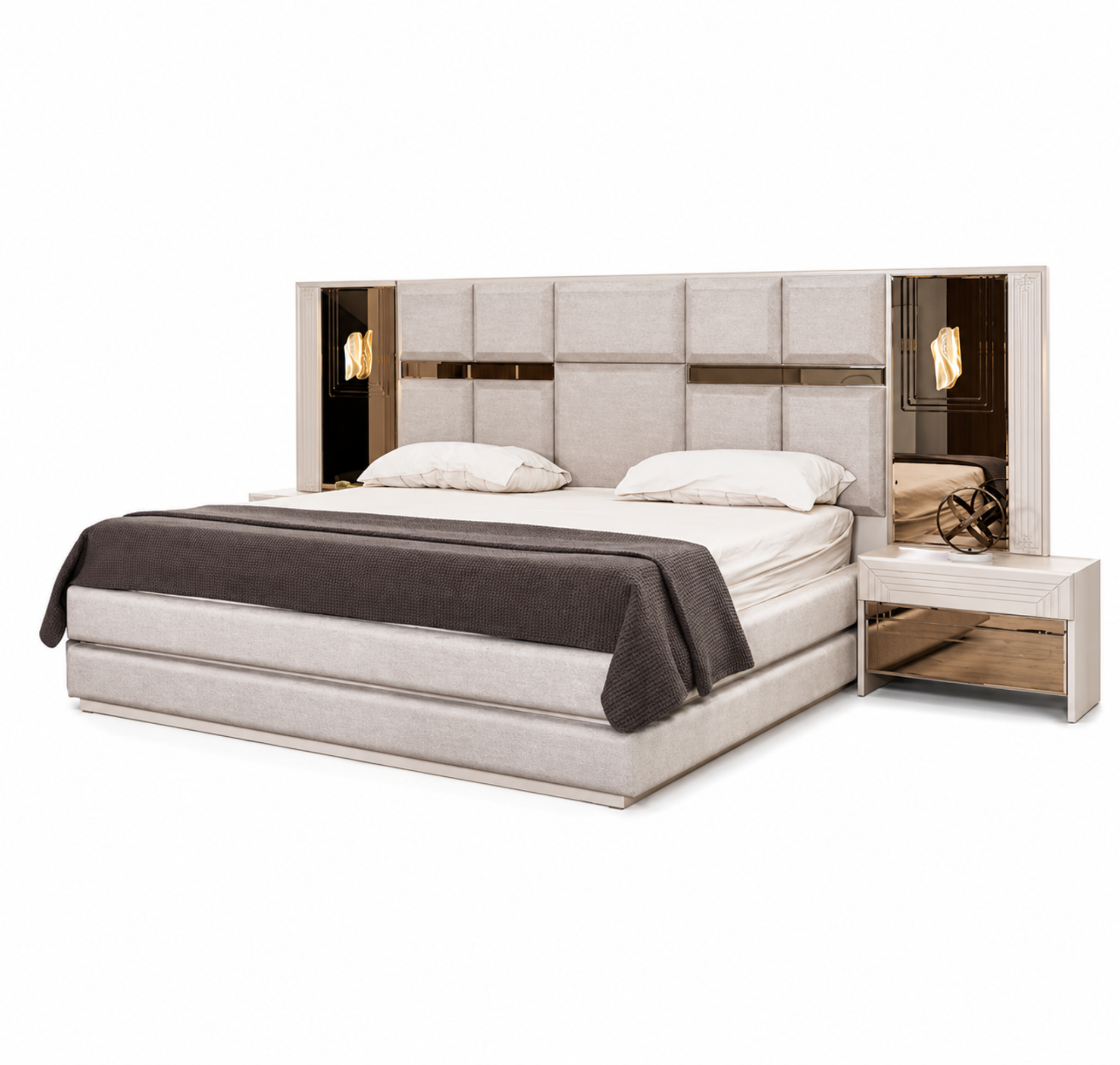 Luxuriöses Beiges Schlafzimmer Set Großes Doppelbett 2x Nachttische