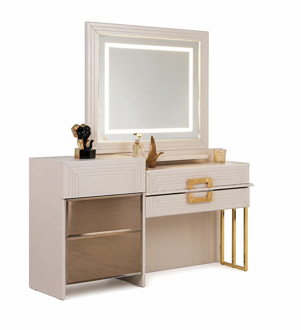 Schminktisch mit Spiegel und goldenen Akzenten Modern Beige stilvolle Möbel