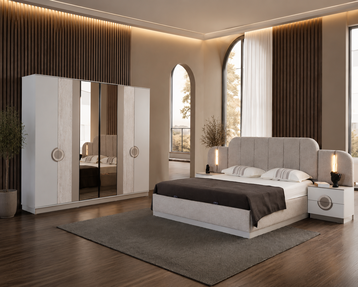 Modernes Schlafzimmer Set Bett 2 Nachttische Kleiderschrank Schminktisch
