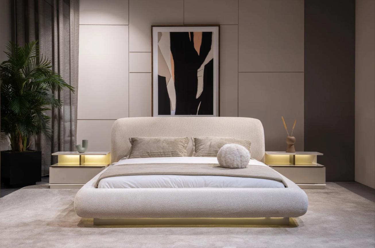 Schlafzimmer Set Bett 2xNachttisch Beige Moderner Stil Gemütlich Hell