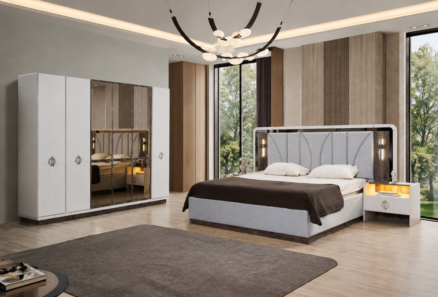 Modernes Schlafzimmer Set Bett 2x Nachttische Kleiderschrank Schminktisch