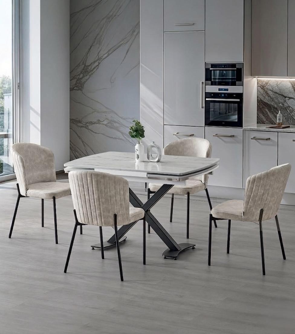 Esszimmer-Set Esstisch 4x Stuhl Modern Marmor Beige Ausziehbar