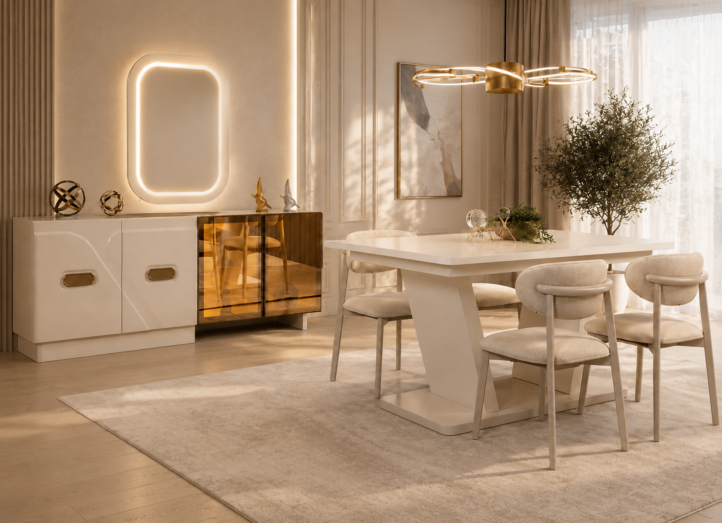 Edle Esszimmer Garnitur Designer Esstisch 4x Textilstühle Spiegel