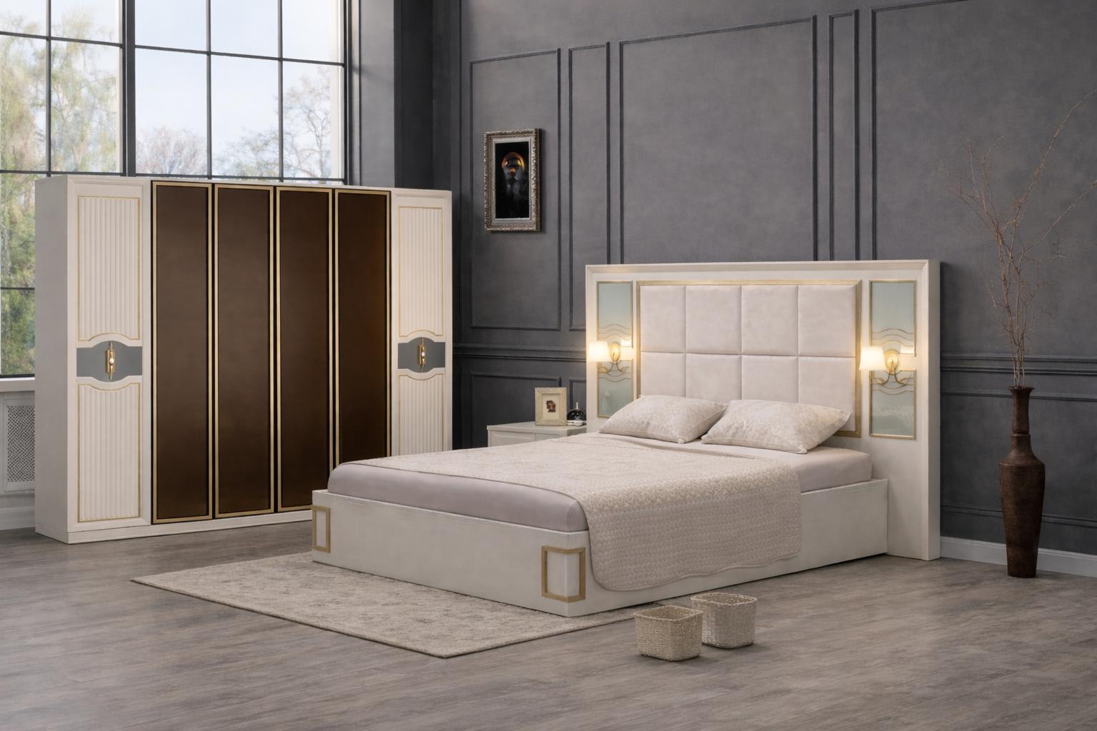 Modernes Schlafzimmer-Set mit Bett und geräumigem Kleiderschrank.