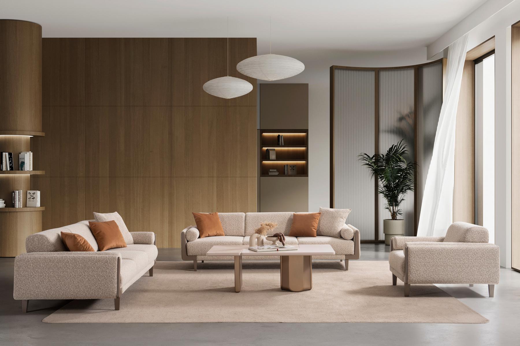 Sofa Set 2x 3-Sitzer 1x Sessel Modern Beige Luxus Design Couch Garnitur