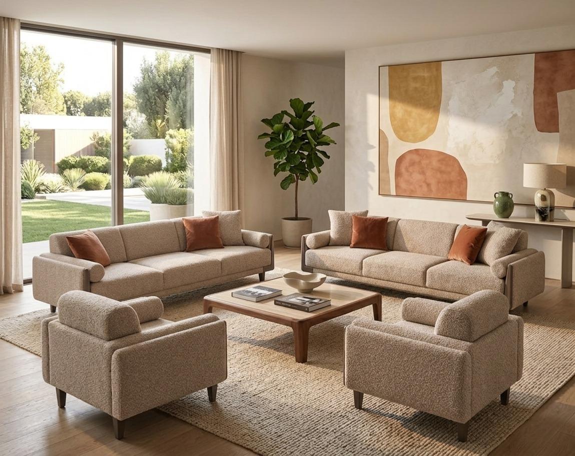 Sofa Set 2x 3-Sitzer Sofa 2x Sessel Modern Beige Luxus Elegant Neu