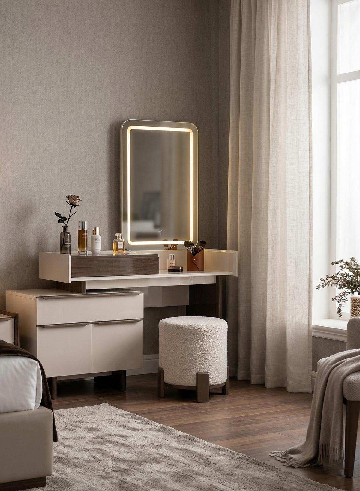 Schlafzimmer Set Schminktisch Spiegel  Pouf  Beigе Moderner Stil Hell