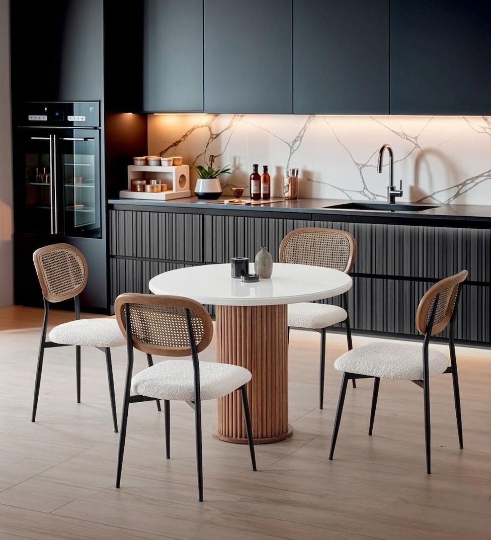 Esszimmer-Set Esstisch 4x Stuhl Rund Weiß Holz Komfortabel Modern