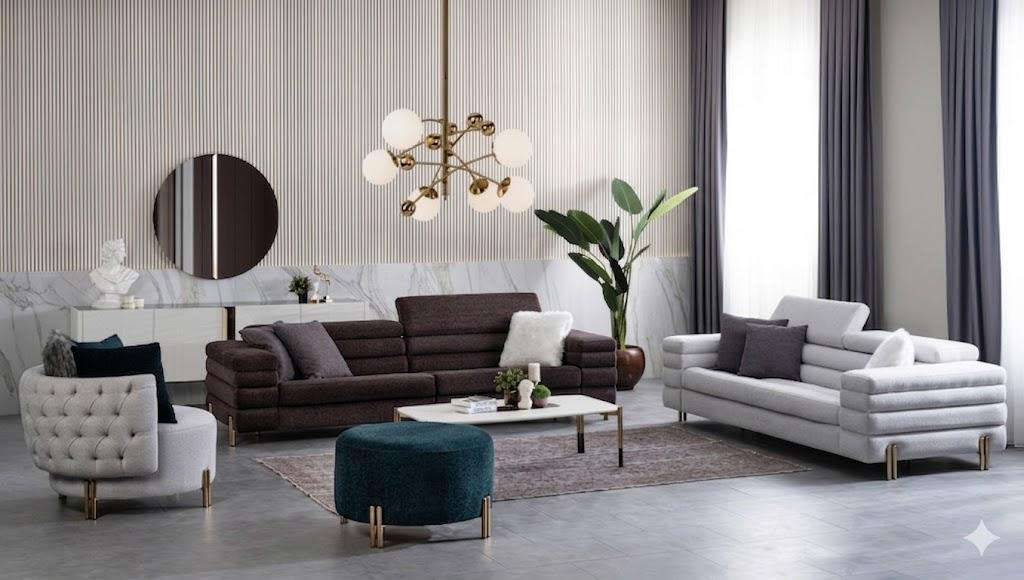 Modernes Wohnzimmer-Set: 2 Sofas, Sessel & Hocker