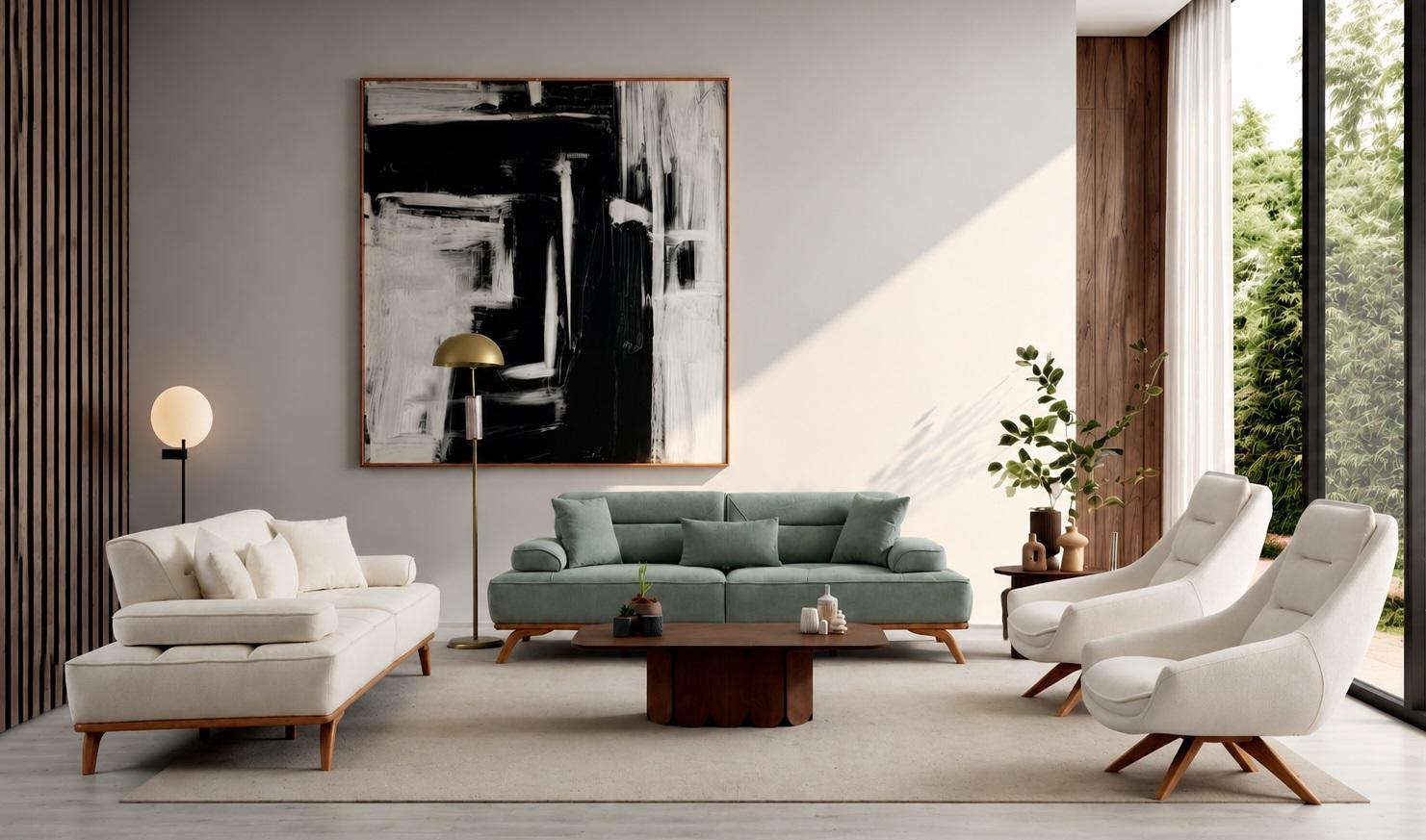 Polstergarnitur 3Sitzer sofa Sessel Stoff Kissen Weiß Grün Modern Neu