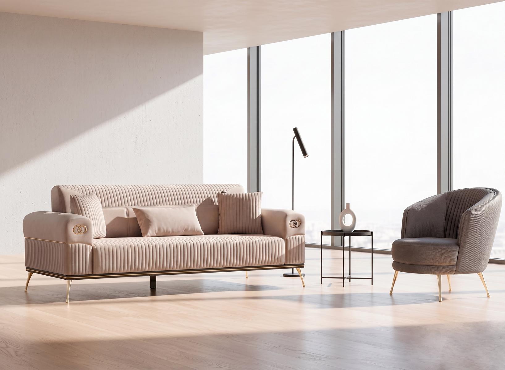 Sofa Set 1x 3 Sitzer 1x Sessel Modern Rosa Elegant Polster Garnitur