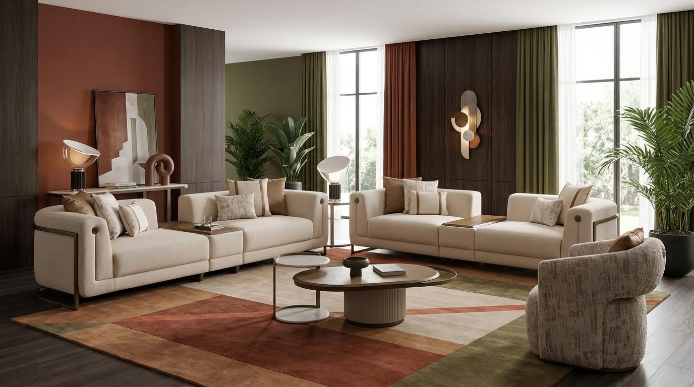 Beiges Wohnzimmer-Set 4 + 4 + 1-Sitzer Couchtisch Beistelltisch großes Sofa