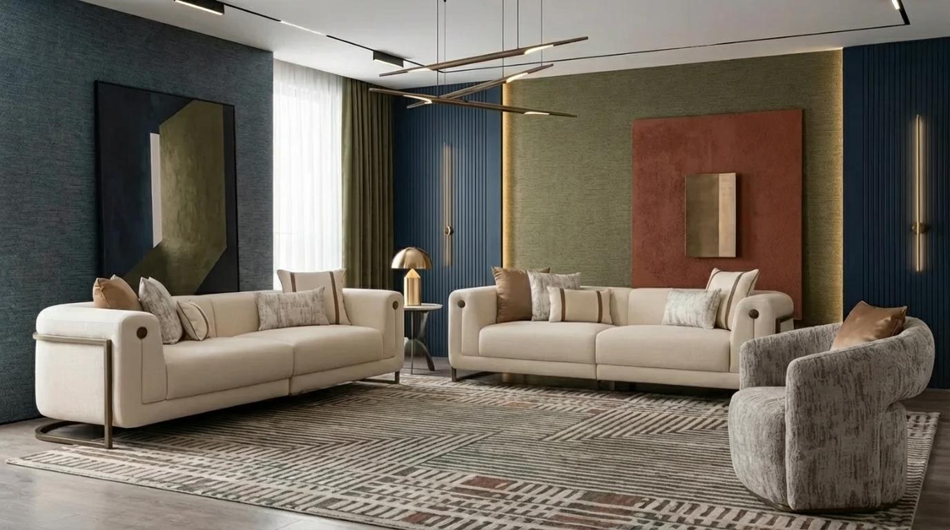 Beiges Wohnzimmer-Set 3 + 3 + 1-Sitzer moderne Sofas Sessel Polstermöbel