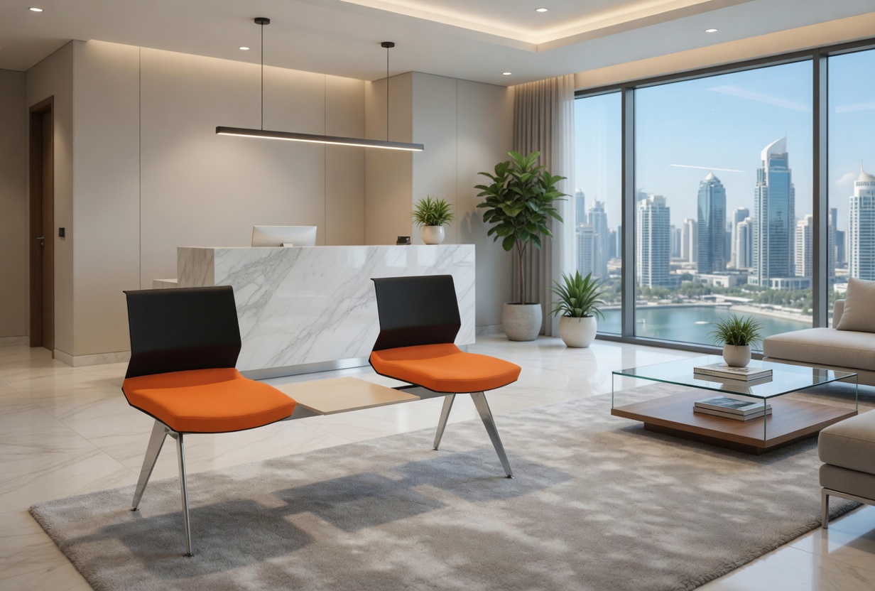 Besucherbank Orange Schwarz mit Ablagetisch