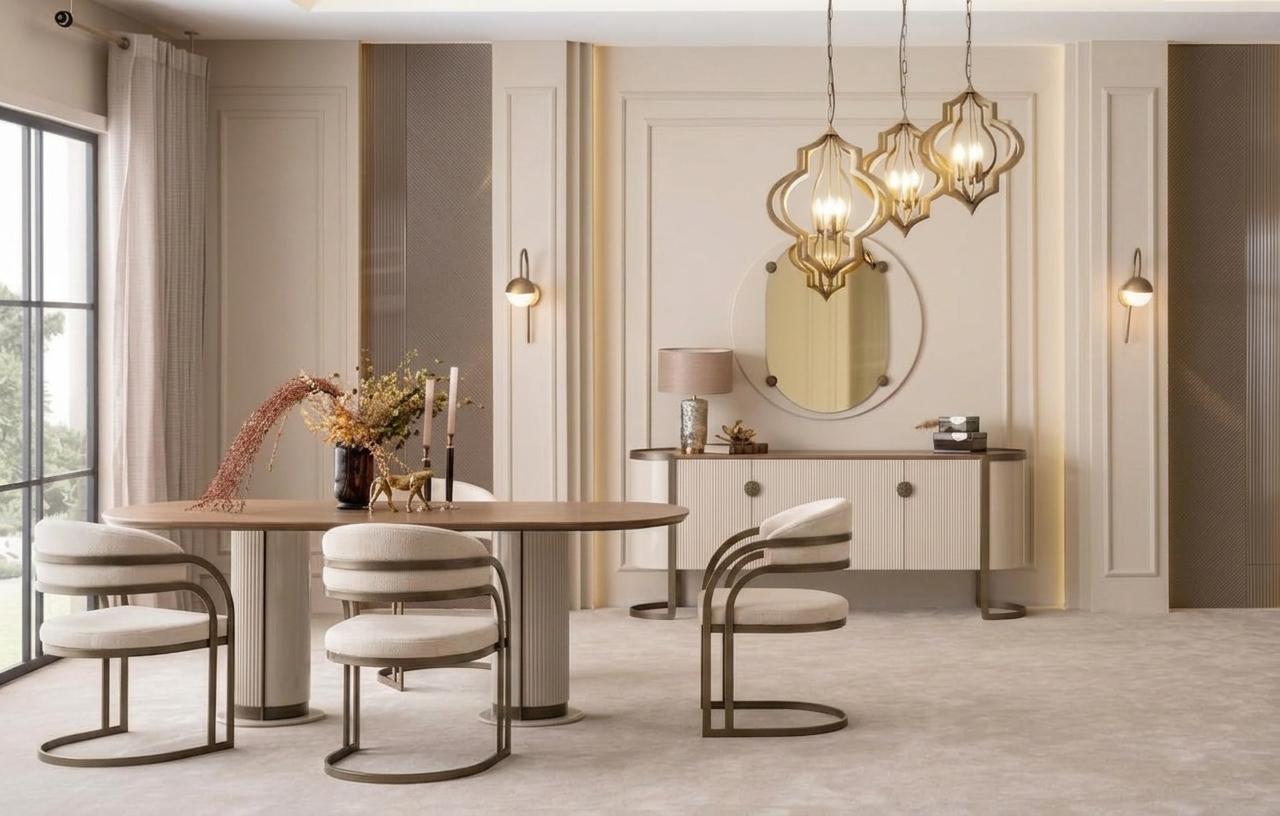 Luxuriöses Esszimmer-Set großer Esstisch 4 Stühle Sideboard Spiegel modern