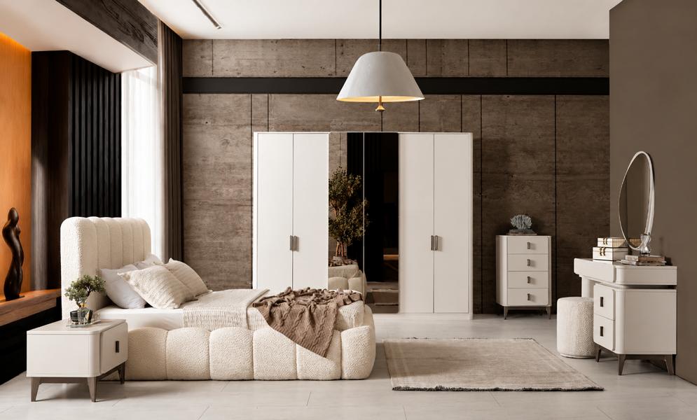 Doppelbett Nachttisch Schrank Schminktisch Kommode beige neu