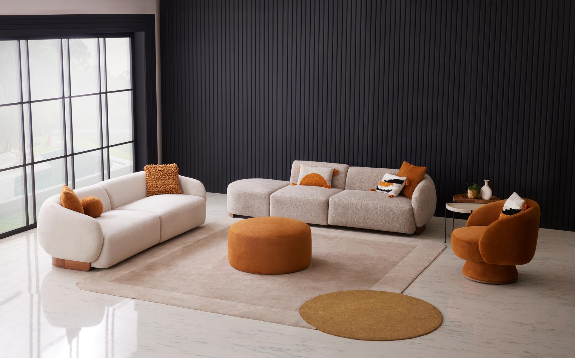 Modernes beiges Wohnzimmer-Set 4+3+1-Sitzer-Sofas Hocker Polstermöbel