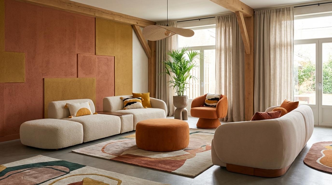 Beige-orangefarbenes Wohnzimmer-Set 4+3+1-Sitzer-Sofas weicher Hocker Modern
