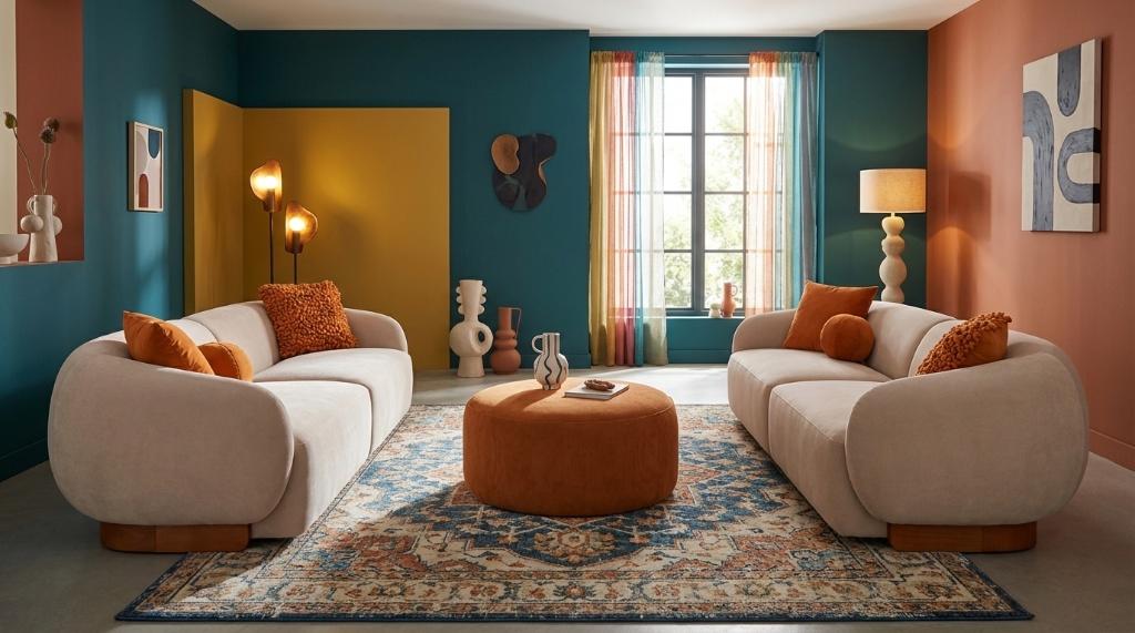 Beiges Wohnzimmer-Set 3+3-Sitzer-Sofas runder Hocker Polstersofas Modern
