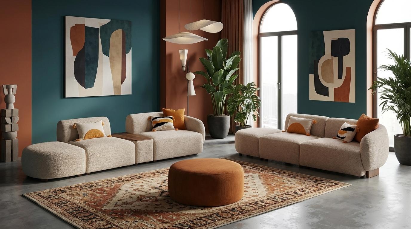 Elegantes Wohnzimmer-Set 4+4-Sitzer-Sofas Hocker beigefarbene Textilien