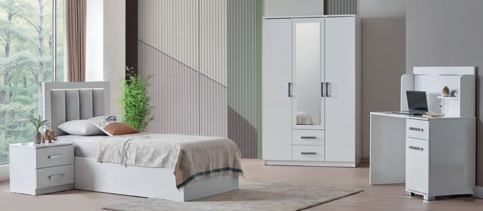 Elegantes 4-teiliges Jugendzimmer-Set mit Bett, Schrank und Schreibtisch
