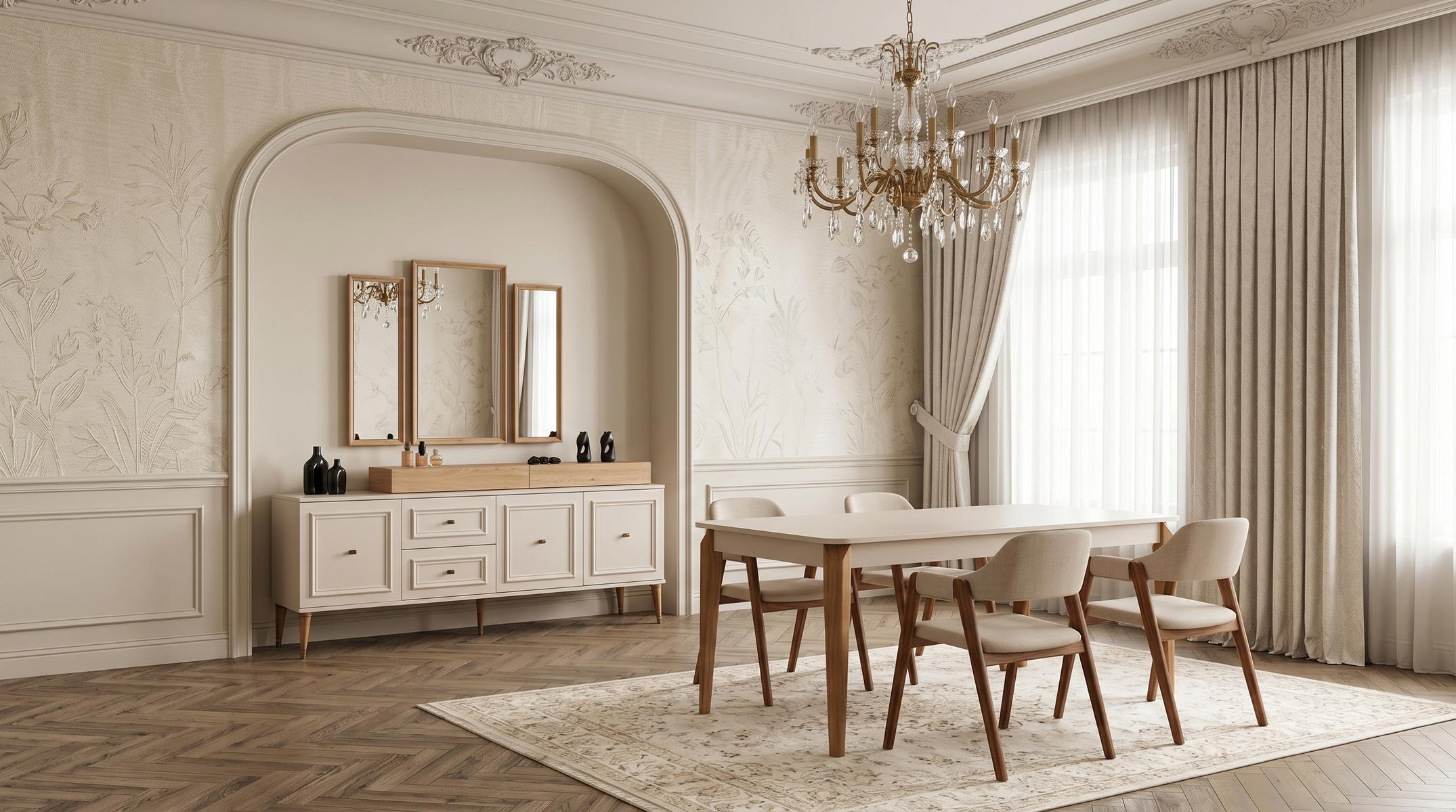 Esszimmer Set Modern Beige Edel Esstisch Stühle(4x) Armlehne Spiegel