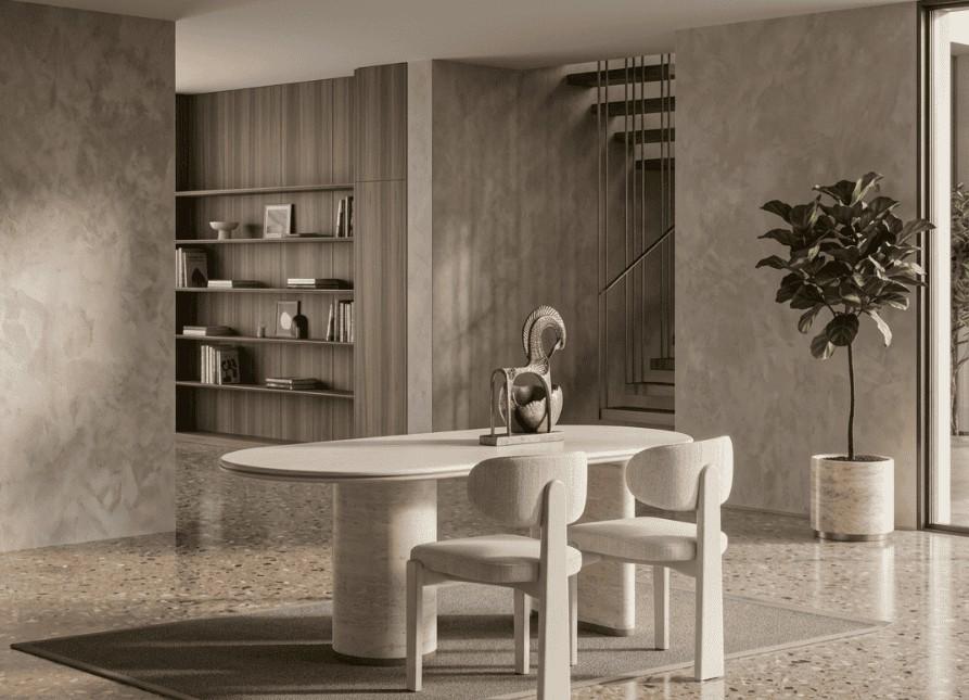 Beiges Esszimmer-Set Ovaler Esstisch Esszimmerstühle Polsterstühle moderner