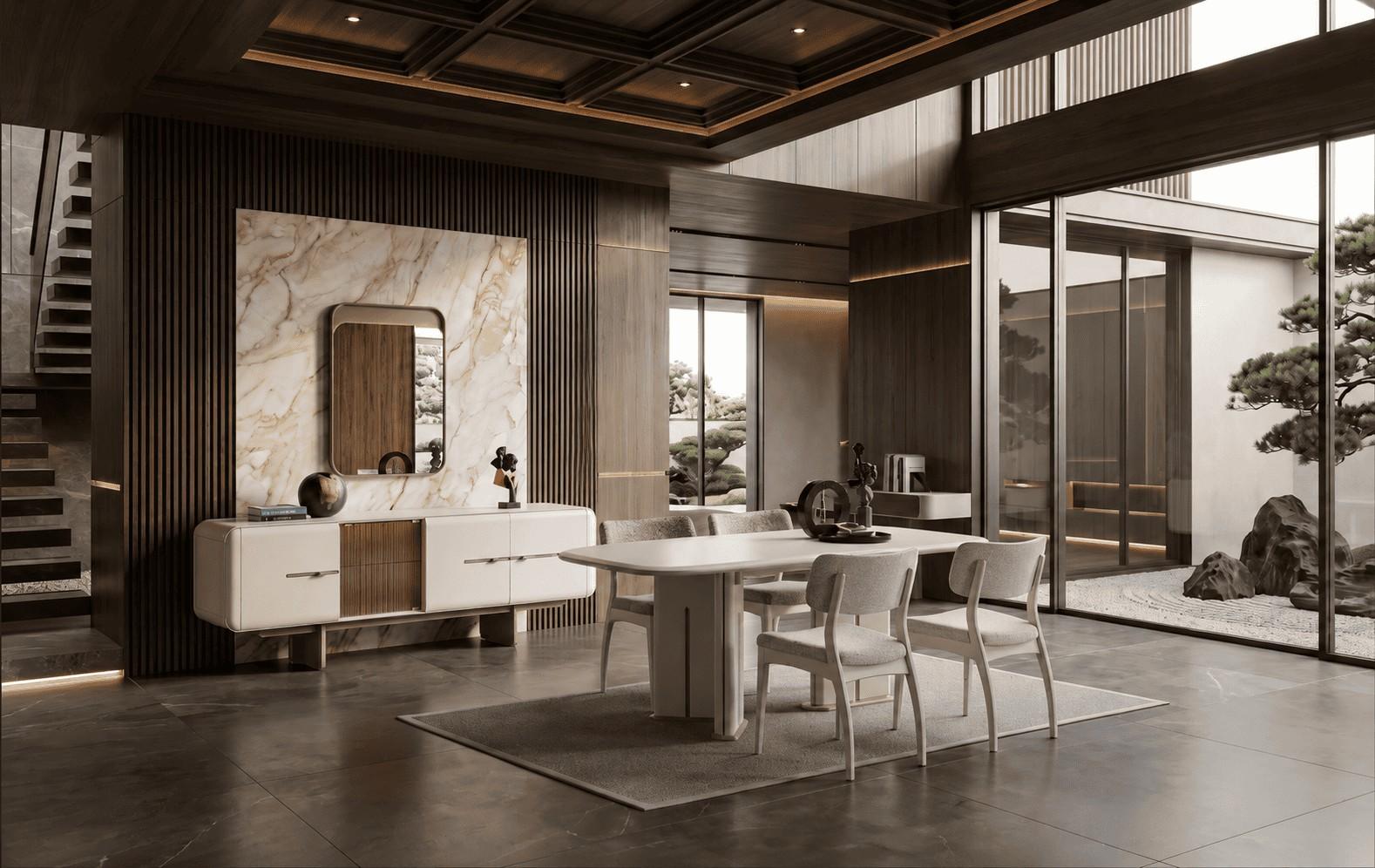 Beiges Esszimmer-Set rechteckiger Esstisch Stühle Sideboard Spiegel modern