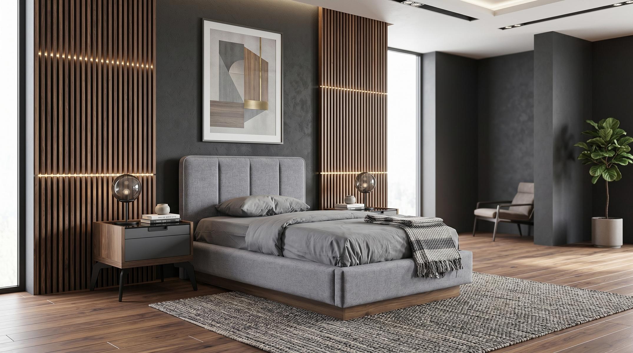 Jugendzimmer set Stilvolles Stauraumbett Grau Nachttische(2x) Modern