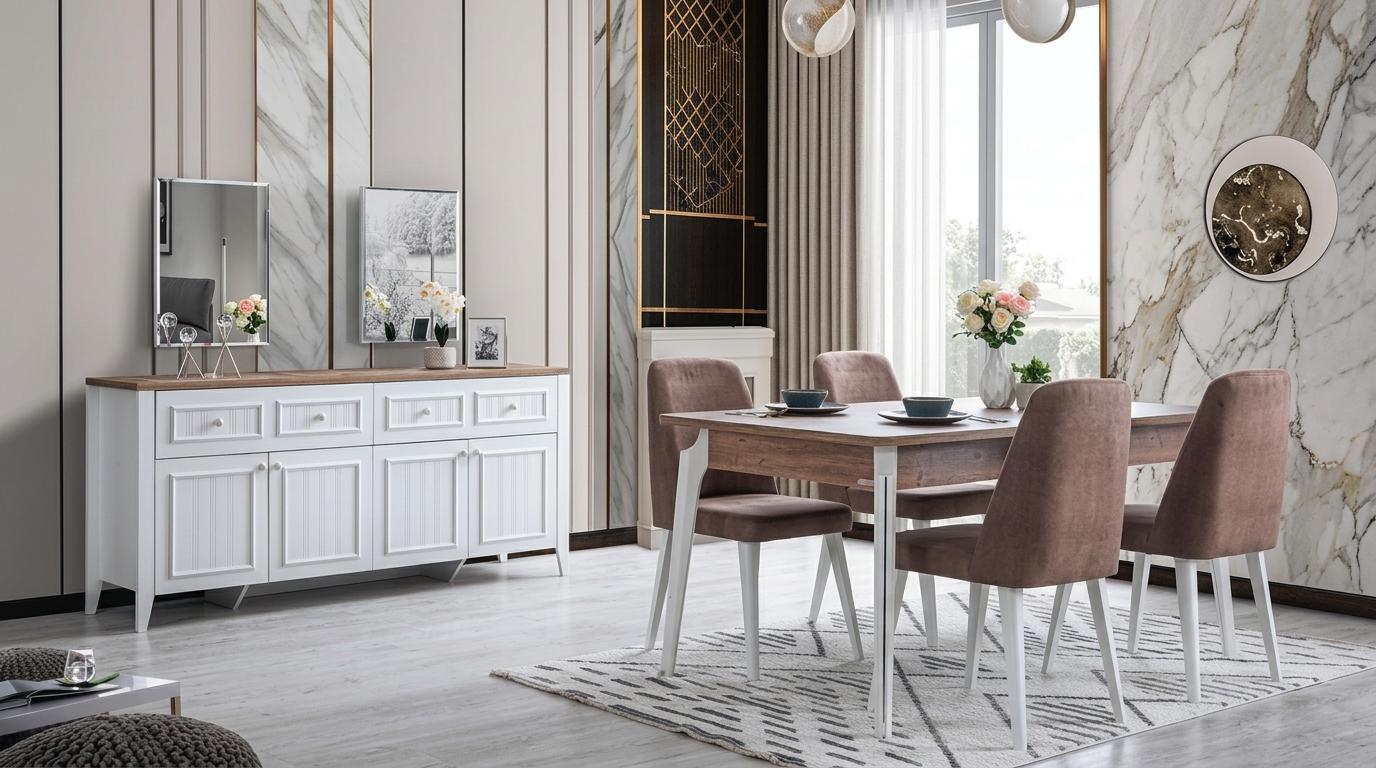 Esszimmer-Set Esstisch 4x Stühle Sideboard Spiegel Modern Braun