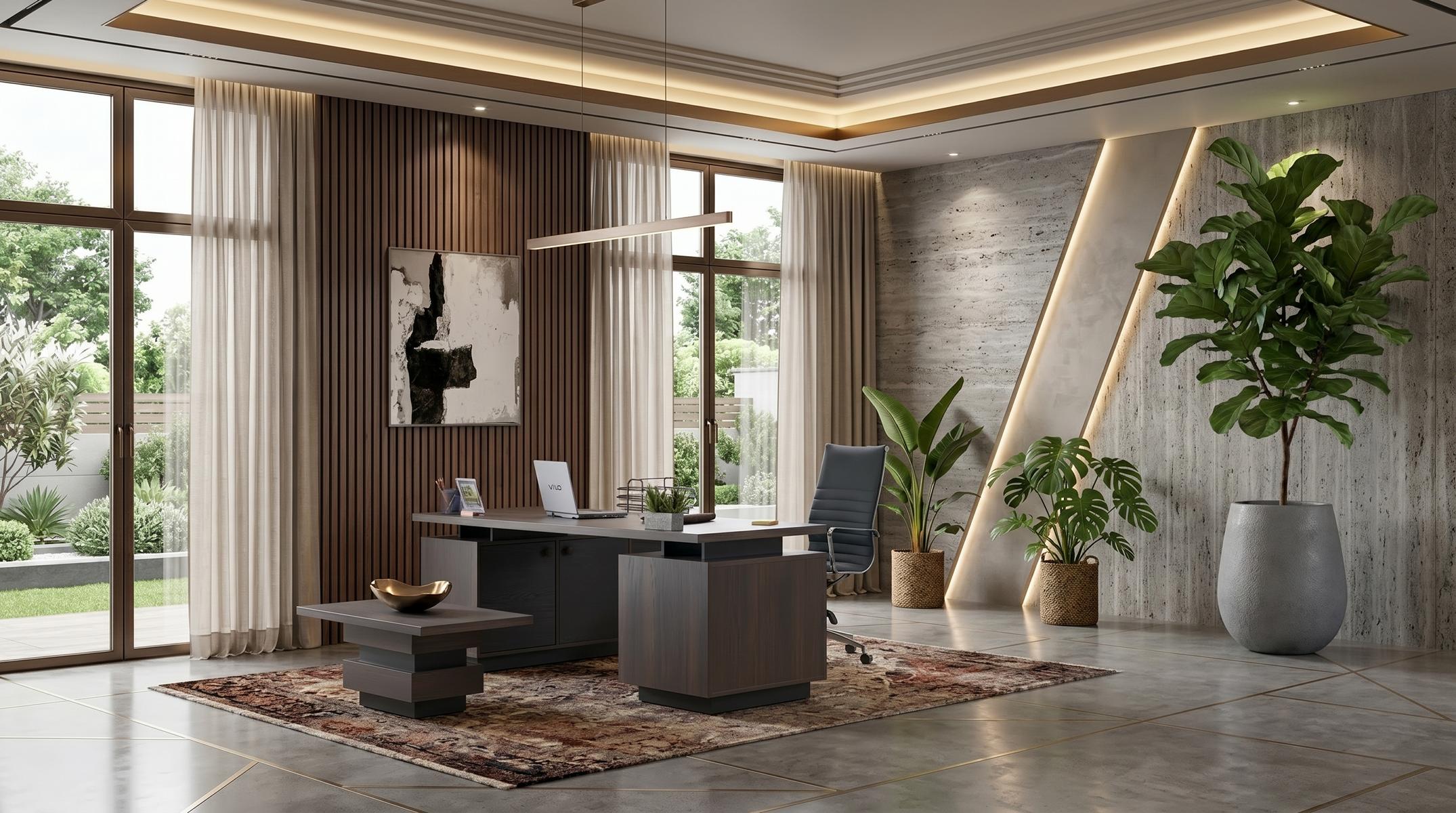 Stilvolles braunes Büro-Set Schreibtisch mit Schubladen Couchtisch modern