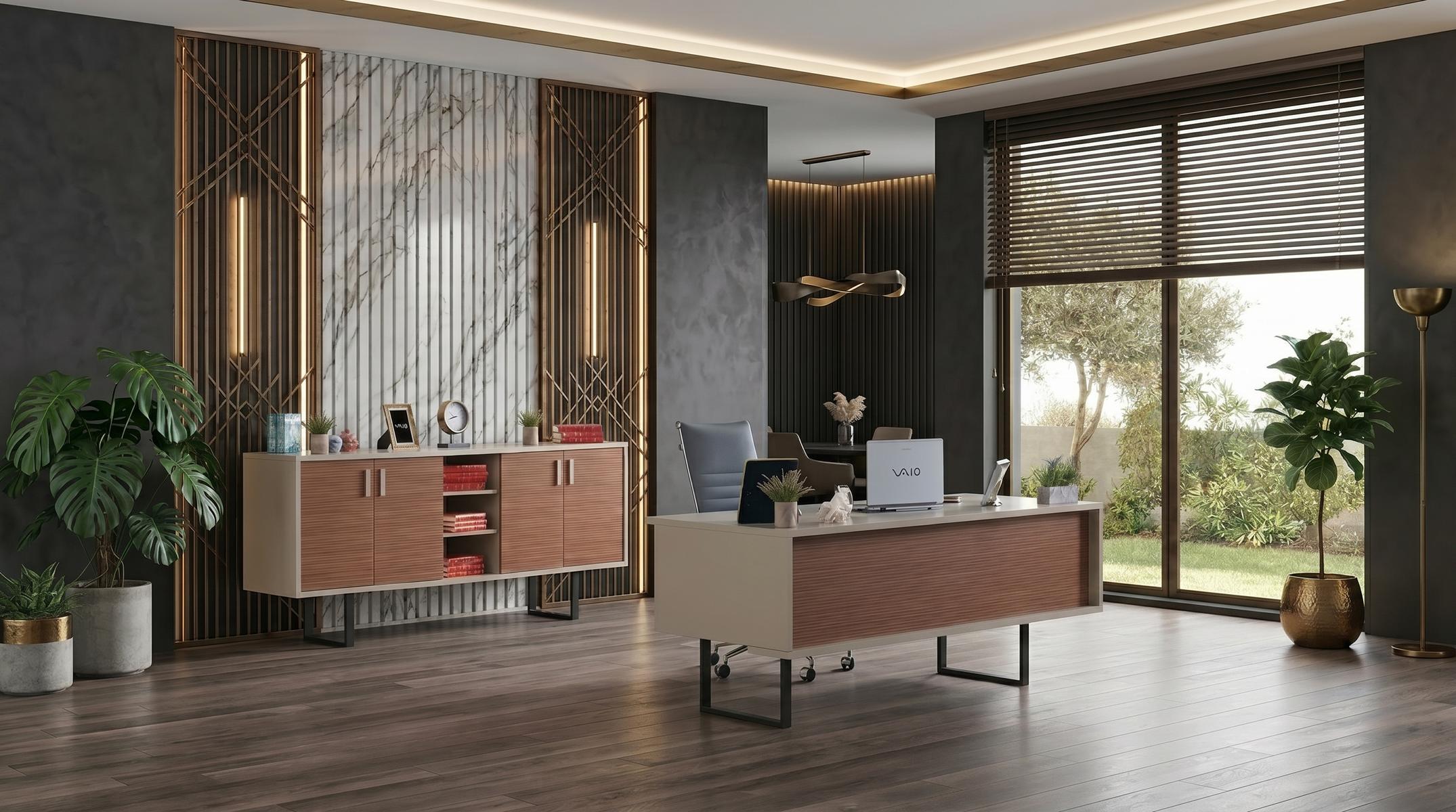 Braun-beiges Büro-Set großer Schreibtisch Schrank modern Arbeitszimmer