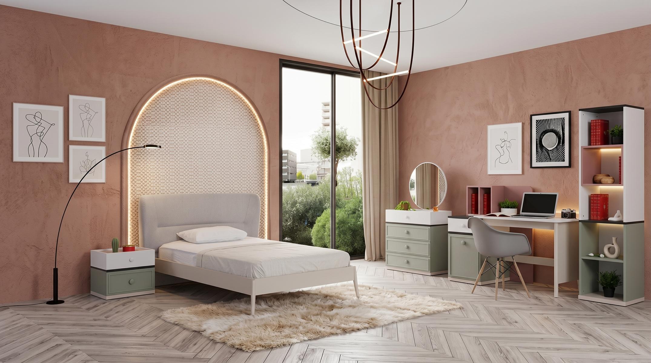 Graues Jugendzimmer Bett Kommode Nachttische Schreibtisch Bücherregal