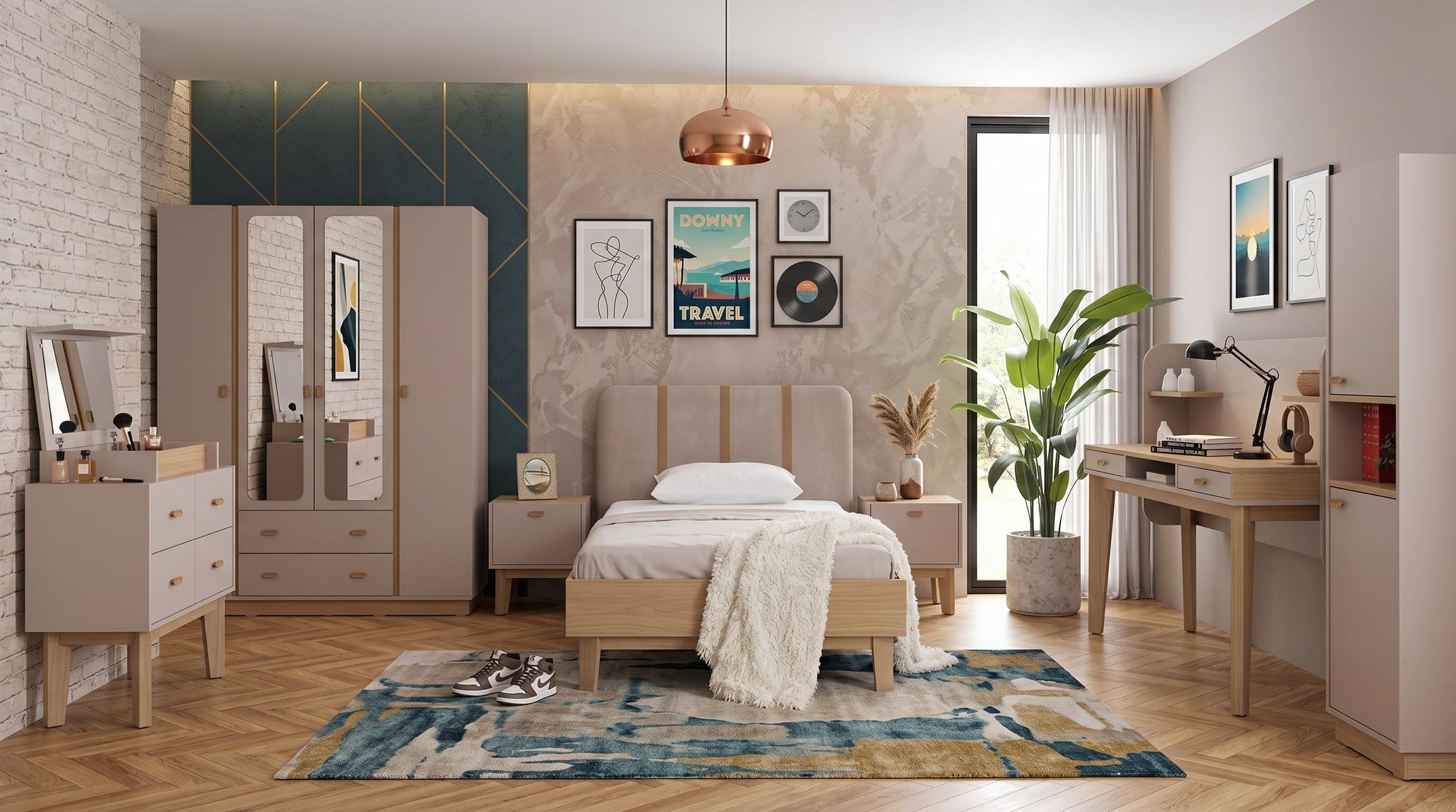 Beiges Jugendzimmer Bett Nachttische Schrank Kommode Schreibtisch Bücherregal