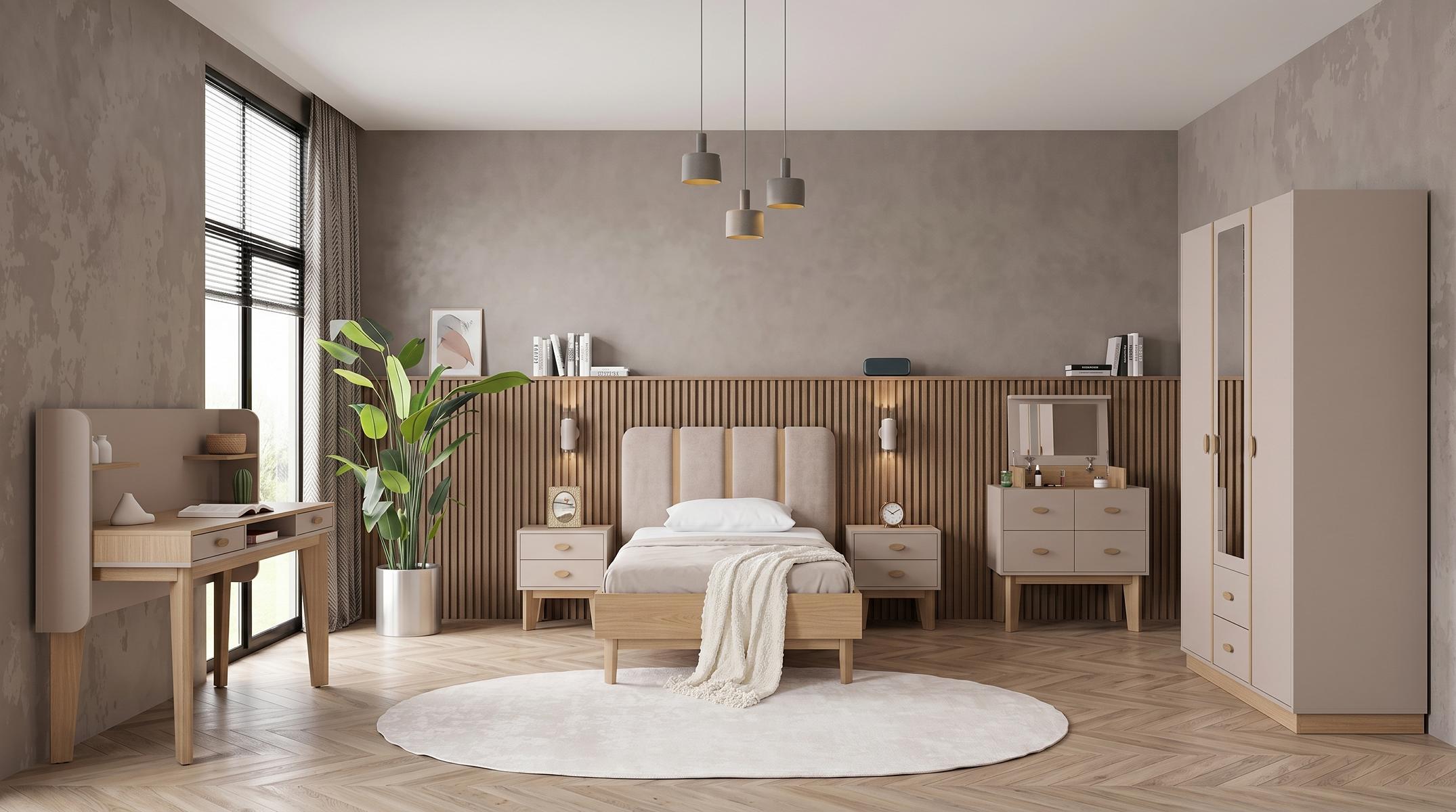 Beiges Jugendzimmer Bett Nachttische Kleiderschrank Kommode, Schreibtisch