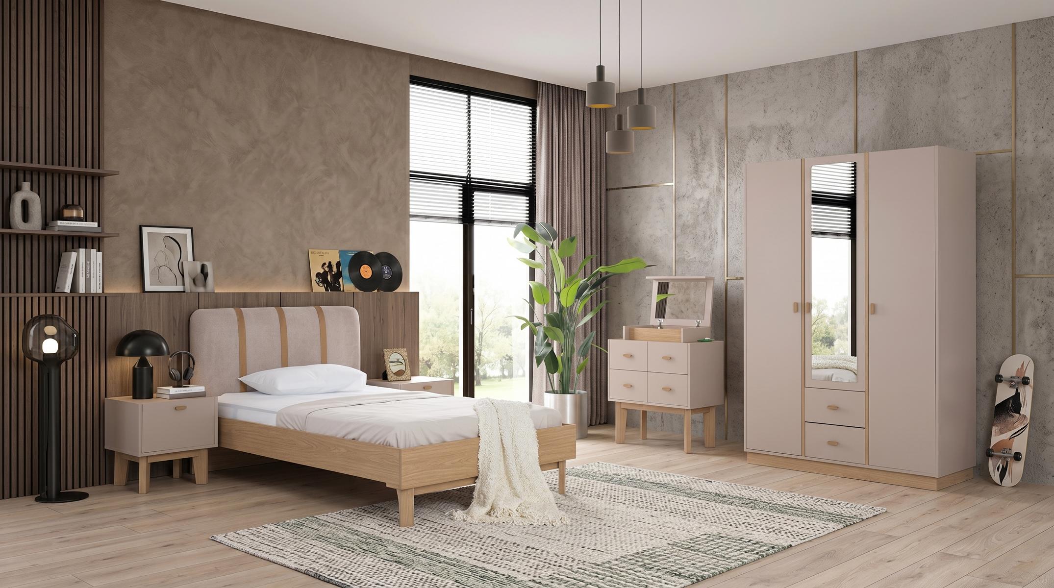 Beiges Jugendzimmer Bett Nachttische Kleiderschrank Kommode Schlafzimmer