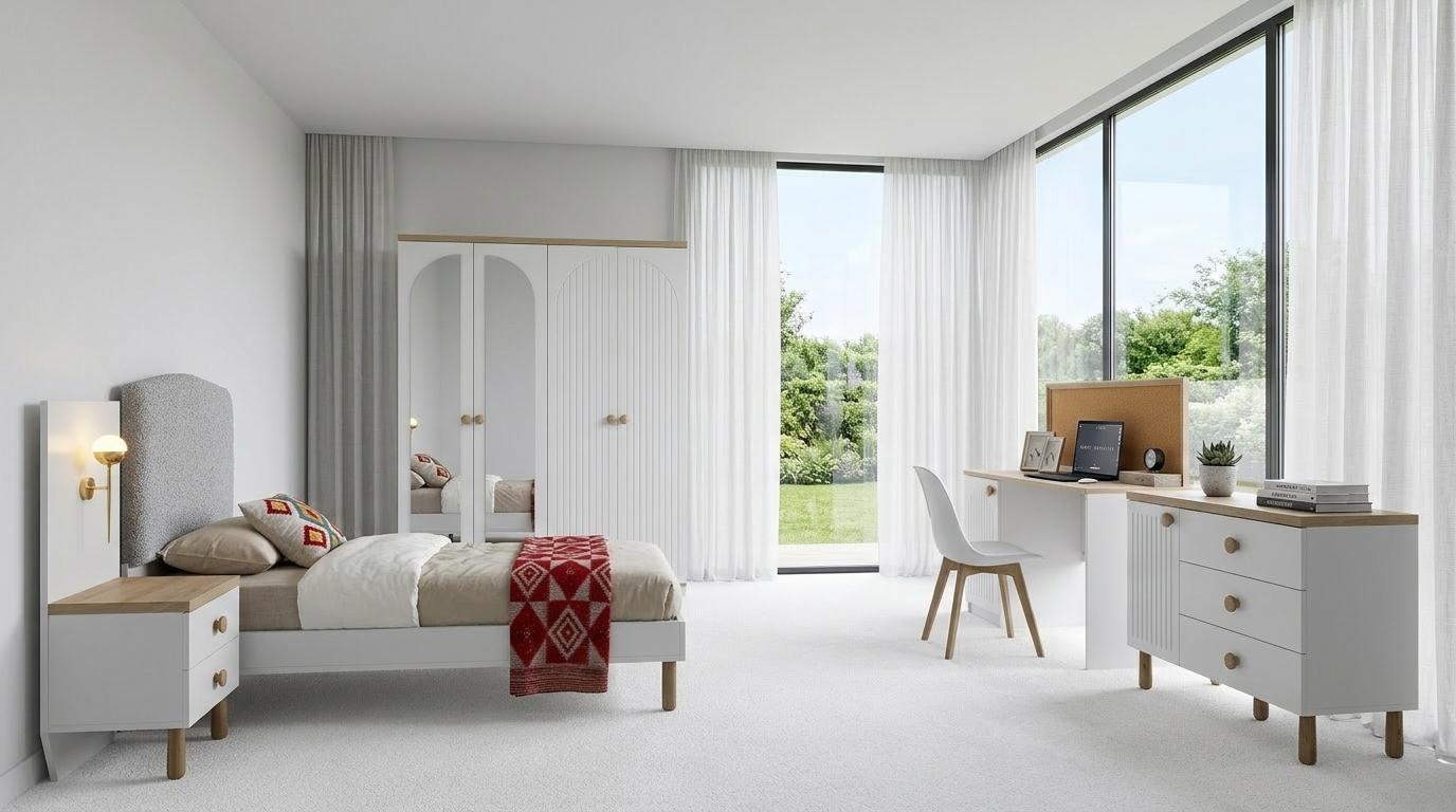 Modernes Jugendzimmer Set Weiß Holz Metall Bett Schrank Schreibtisch