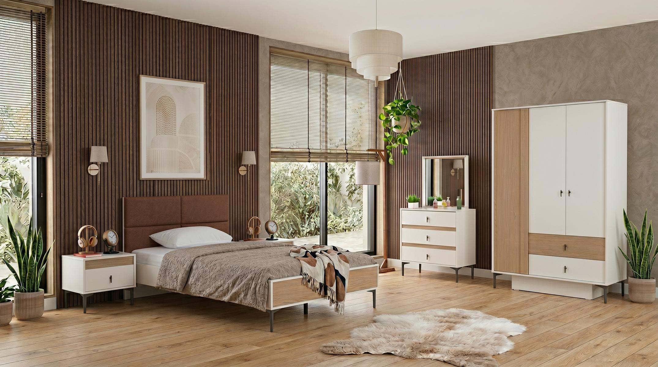 Stilvolles weißes Jugendzimmer Bett Kleiderschrank Kommode Nachttische modern
