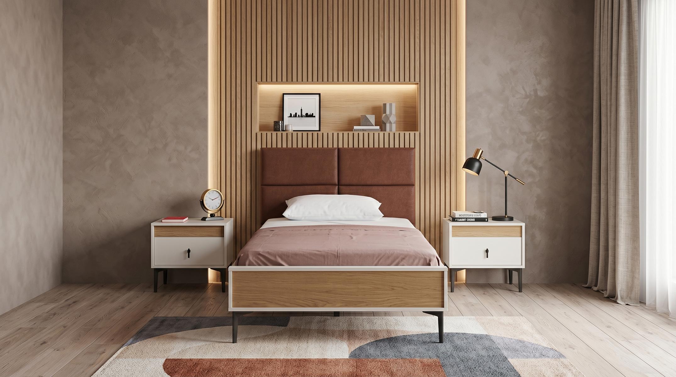 Weißes Jugendzimmer Bett mit Kopfteil Nachttische Schlafzimmer modern