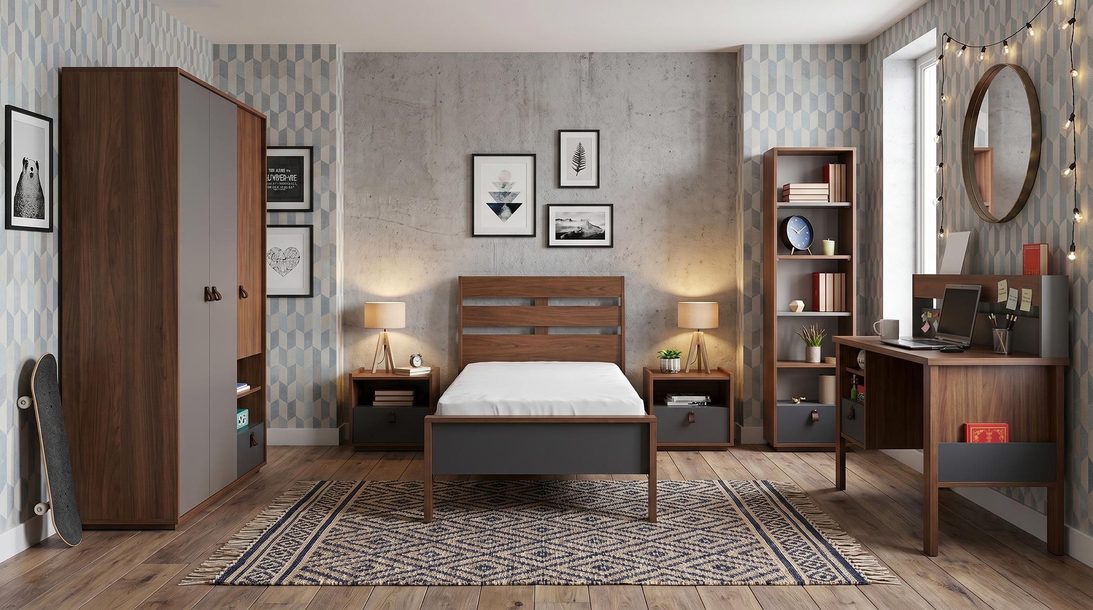 Braunes Jugendzimmer Bett Kleiderschrank Nachttische Bücherregal Schreibtisch