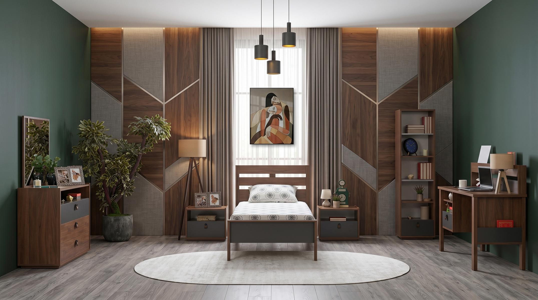 Braunes Jugendzimmer Bett Kommode Nachttische Schreibtisch Bücherregal
