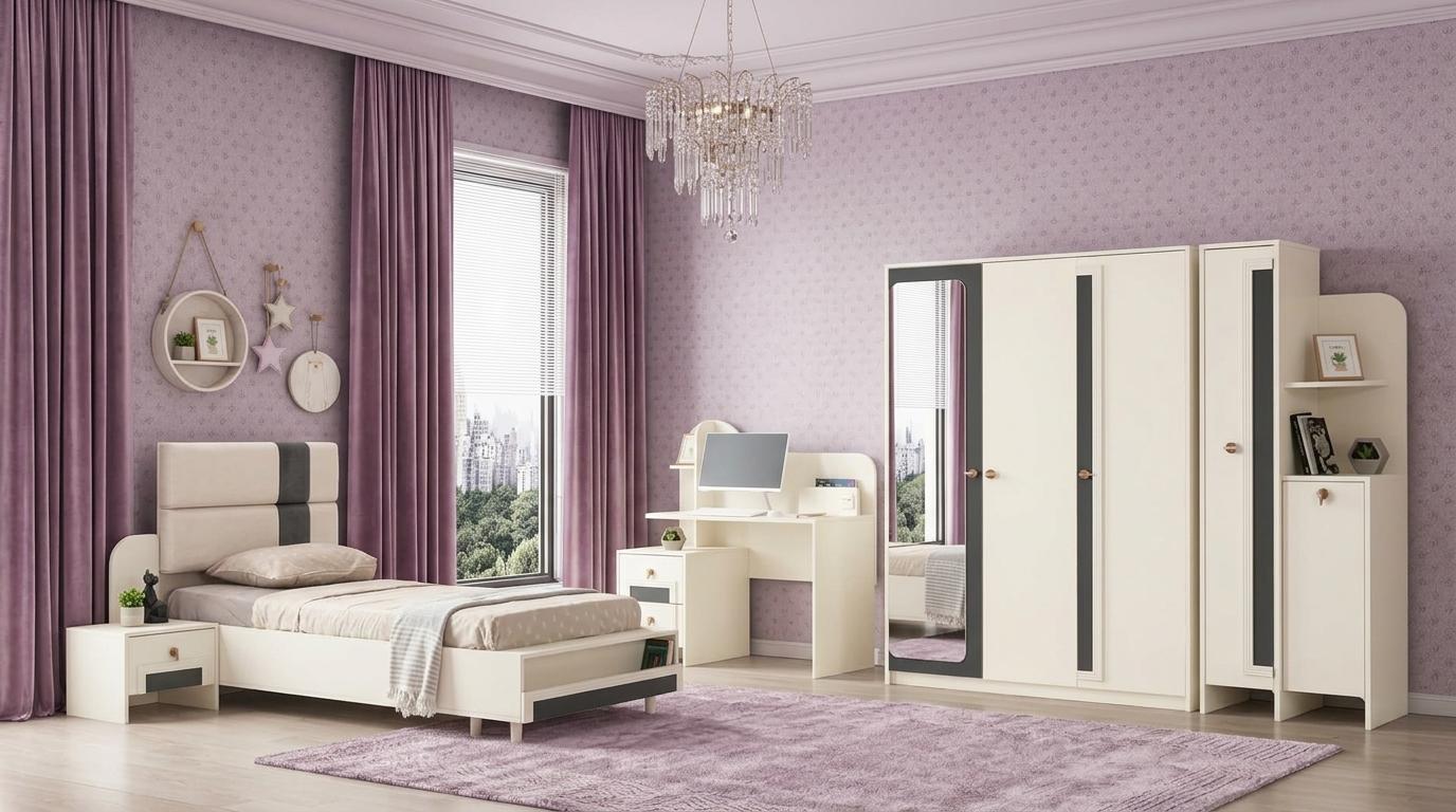 Modernes Jugendzimmer Set Weiß Holz Metall Bett Schrank Schreibtisch