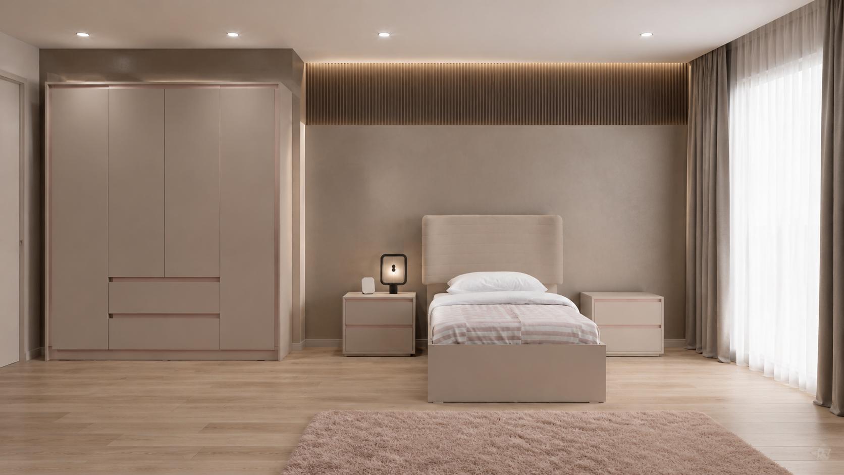 Modernes beiges Jugendzimmer Bett Kleiderschrank Nachttische Mädchen Teenager