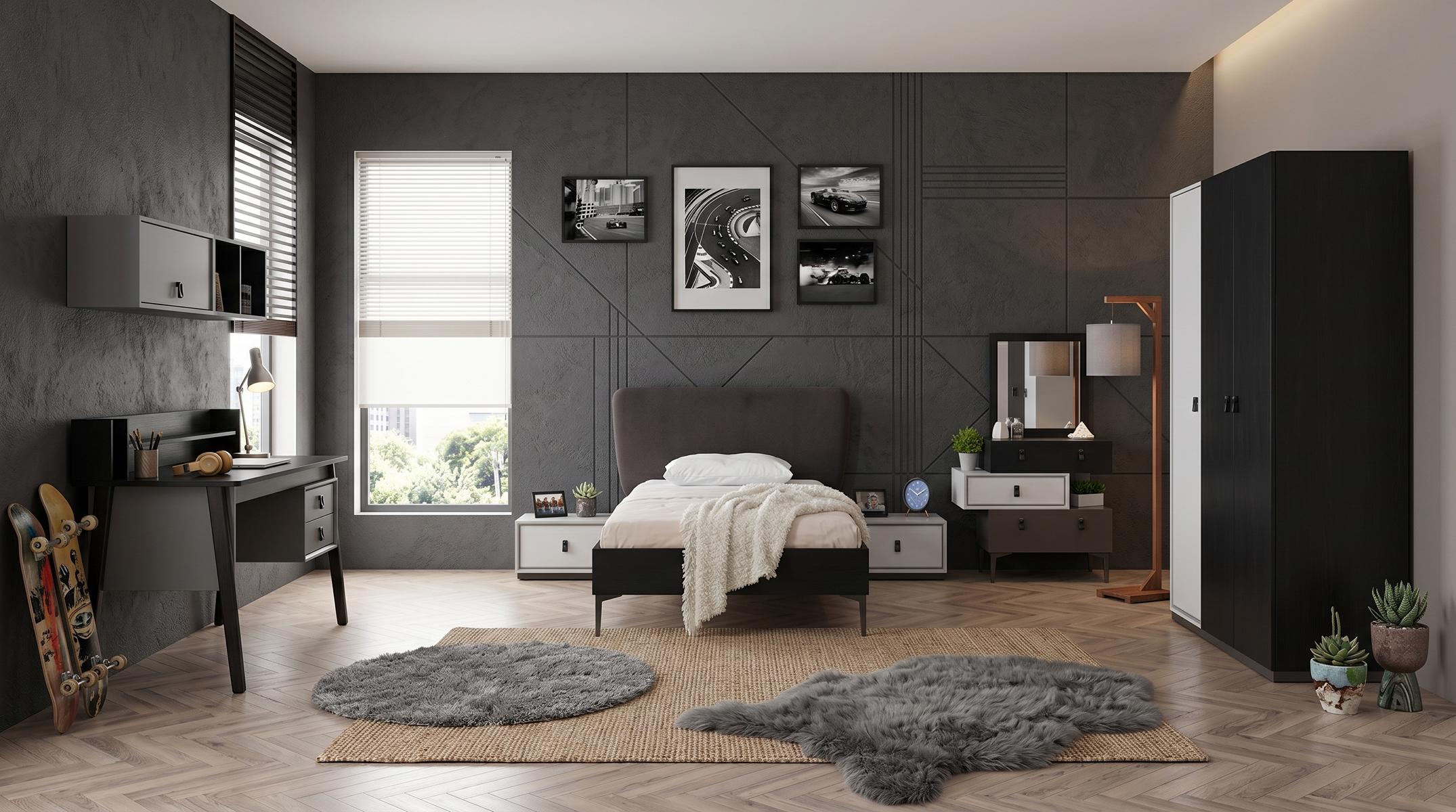 Schwarz-weißes Jugendzimmer Bett Nachttische Kleiderschrank Schreibtisch