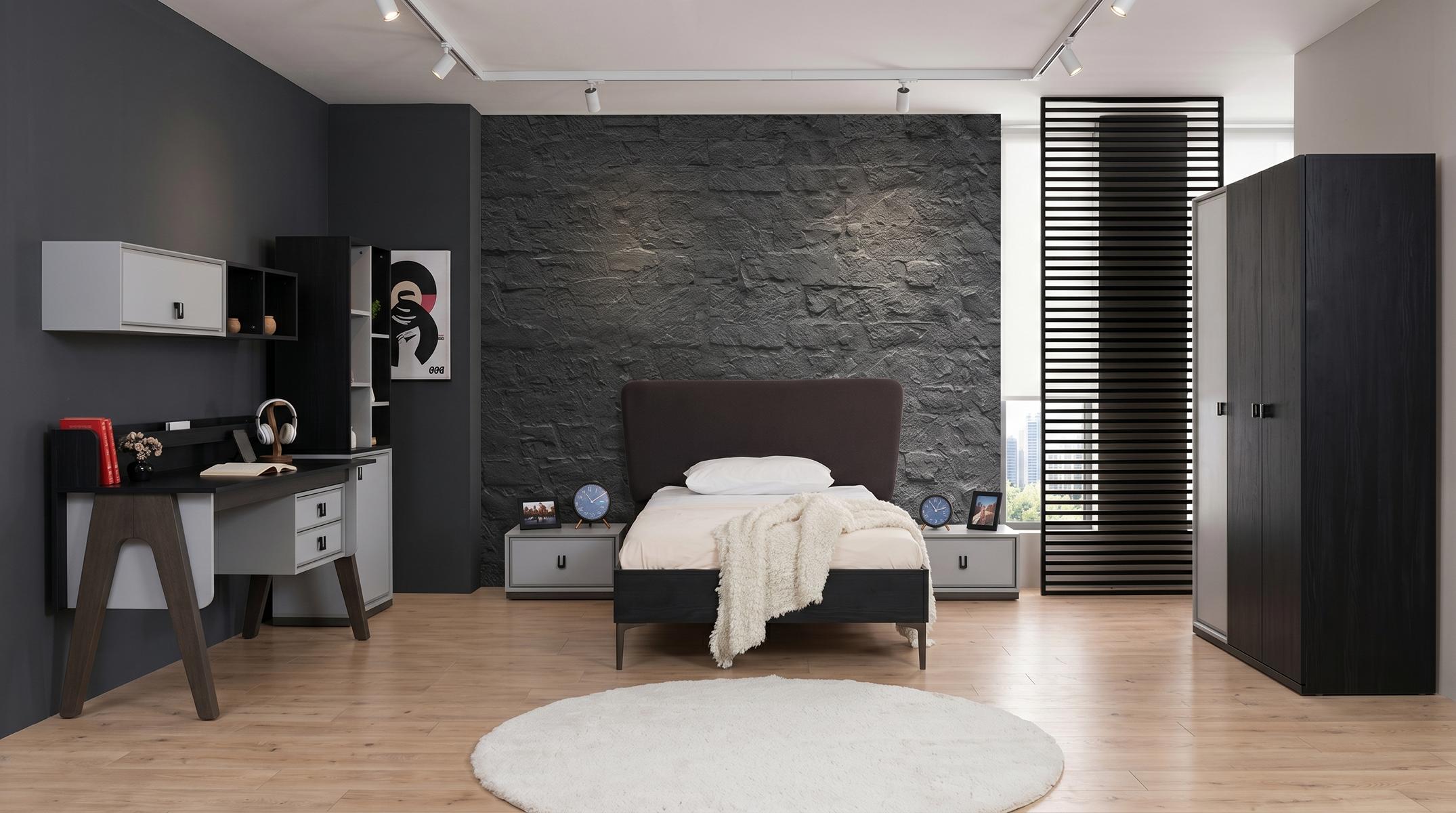 Schwarz-weißes Jugendzimmer Bett Nachttische Kleiderschrank Schreibtisch