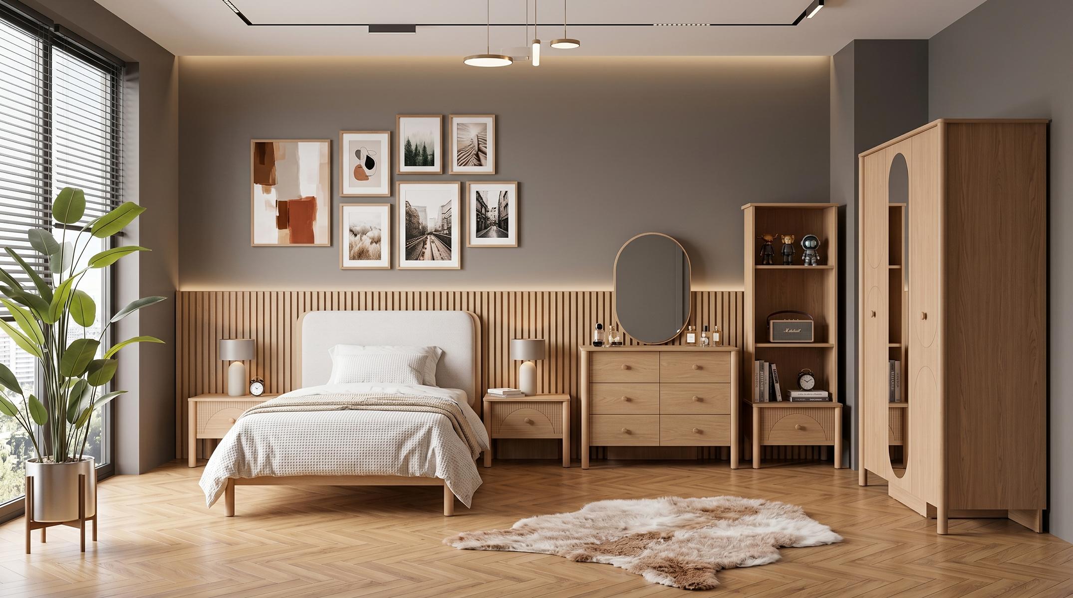 Braunes Jugendzimmer Bett Kleiderschrank Nachttische Kommode Bücherregal
