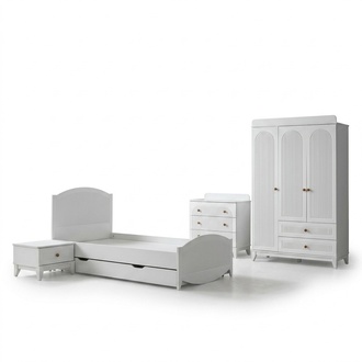 4tlg. Kinderzimmer Set Bett Nachttisch Kommode und Kleiderschrank