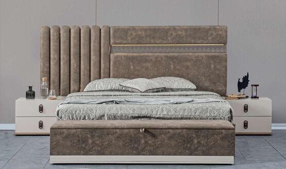 Grau Schlafzimmer Set Bett + 2x Nachttische Neue Holzmöbel Garnitur