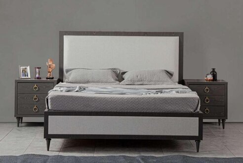 Schlafzimmer Set Grau Bett Design Modern Luxus 2x Nachttische 3 tlg.