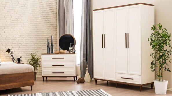 Schlafzimmer Set 3tlg Holzmöbel Kommode + Spiegel Modern Kleiderschrank